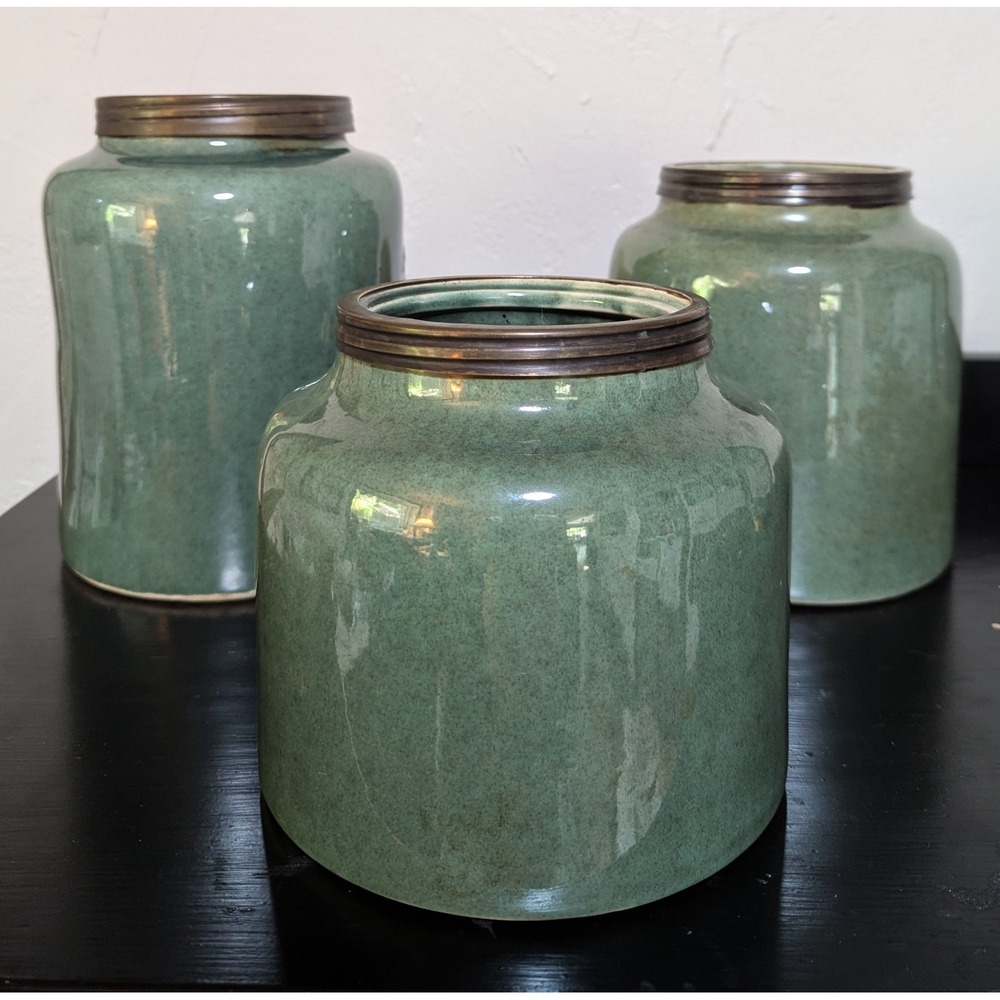 Seasons of Cannon Falls Glossy‎ Celadon Green Ceramic Canister Set (3) - Picture 2 of 8